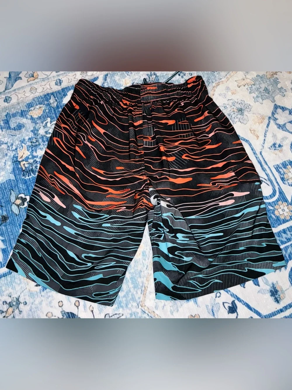 George Black and Coral Striped Swim Trunks